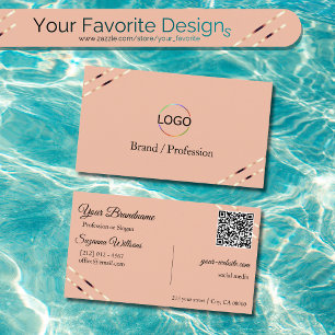 Carte De Visite Corail avec logo à lignes dorées roses et code QR 