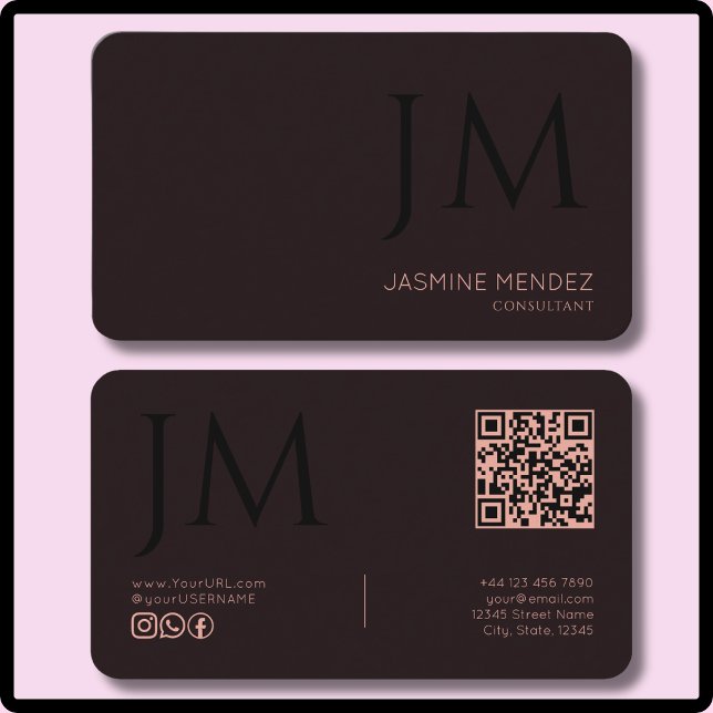 Carte De Visite Corail Bourgogne Foncé Noir Monogramme Code QR Mod (Créateur téléchargé)