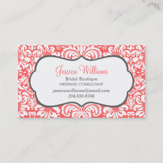 Carte De Visite Corail et charbon de bois Élégant Damas Floral