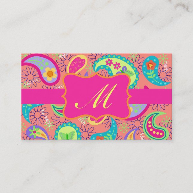 Carte De Visite Corail Fuchsia rose moderne Paisley Monogramme (Devant)