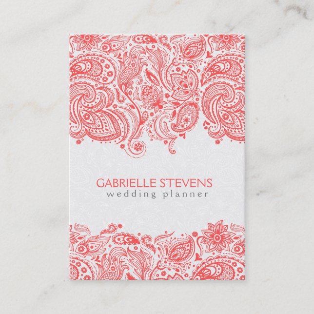 Carte De Visite Corail-Rouge & Blanc Floral Paisley Lace (Devant)