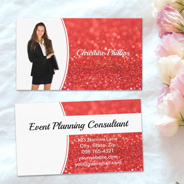 Carte De Visite Coral Faux Parties scintillant photo professionnel (Simply add photo and text on this faux glitter business card design.)