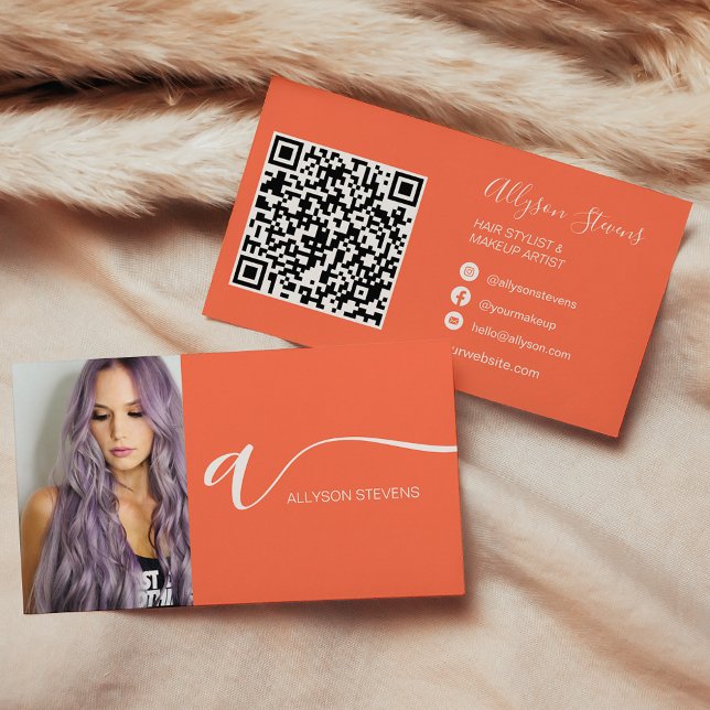 Carte De Visite Coral orange cheveux maquillage photo initiale cod (Neon pink hair makeup photo initial qr code business card on coral orange)