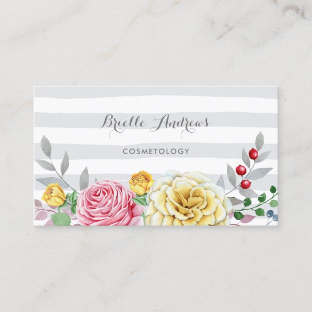 Carte De Visite Cosmétologue Floral à Rayures (Devant)