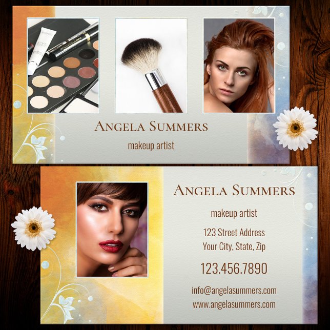 Carte De Visite Cosmétologue Maquilleuse Portfolio (Business card featuring a photo portfolio framed by an artistic design with floral swirls)
