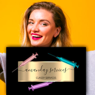 Carte De Visite Cosmetologue Syringe Botox B12 QRCode Black Gold