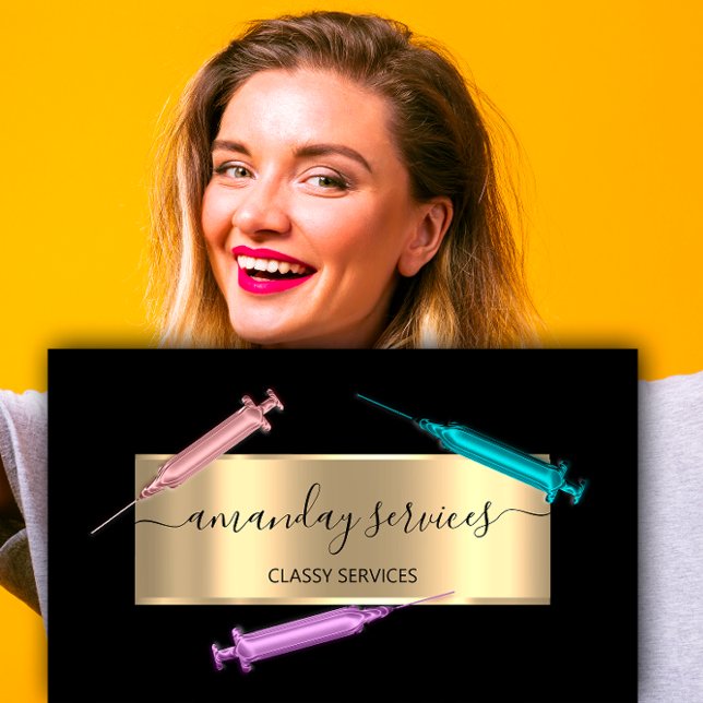 Carte De Visite Cosmetologue Syringe Botox B12 QRCode Black Gold (Cosmetologist Syringe Botox B12 QRCode Black Gold Business Card)