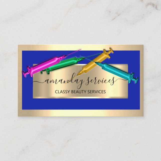 Carte De Visite Cosmetologue Syringe Botox B12 QRCode Bleu doré (Devant)