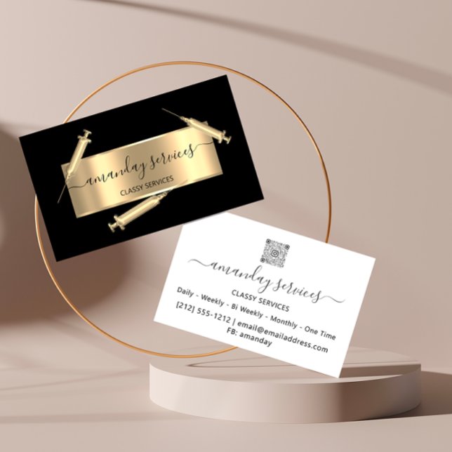 Carte De Visite Cosmetologue Syringe Botox B12 QRCode Noir (Cosmetologist Syringe Botox B12 QRCode Black Business Card)