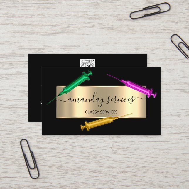 Carte De Visite Cosmetologue Syringe Botox B12 QRCode rose noir (Devant/Arrière en situation)