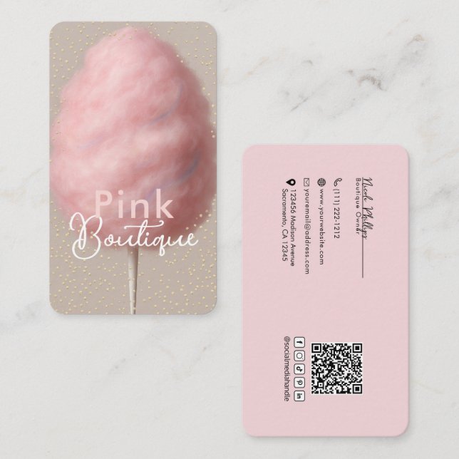 Carte De Visite Cotton Candy Sucre Rose et Or Confetti Boutique  (Devant / Derrière)