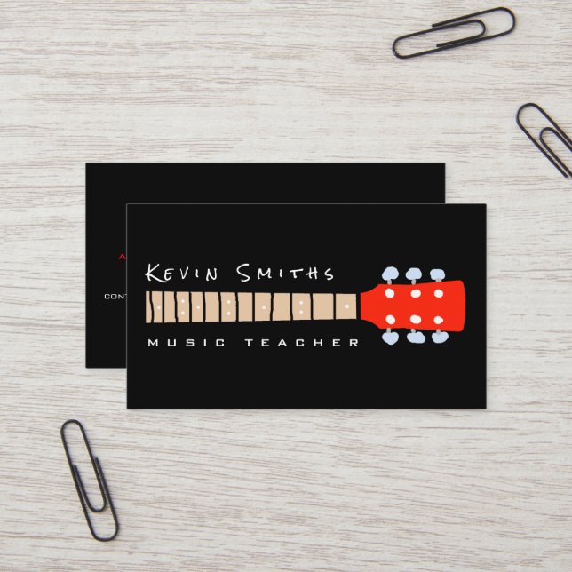 Carte De Visite Cou de guitare rouge sur professeur de musique noi (Devant/Arrière en situation)