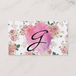 Carte De Visite Couleur d'eau rose Monogramme Motif floral