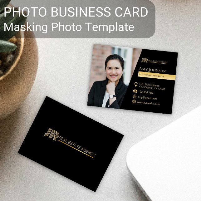 Carte de visite couleur noire, Modèle photo de mas (Black gold color custom business card masking shape element design tool)