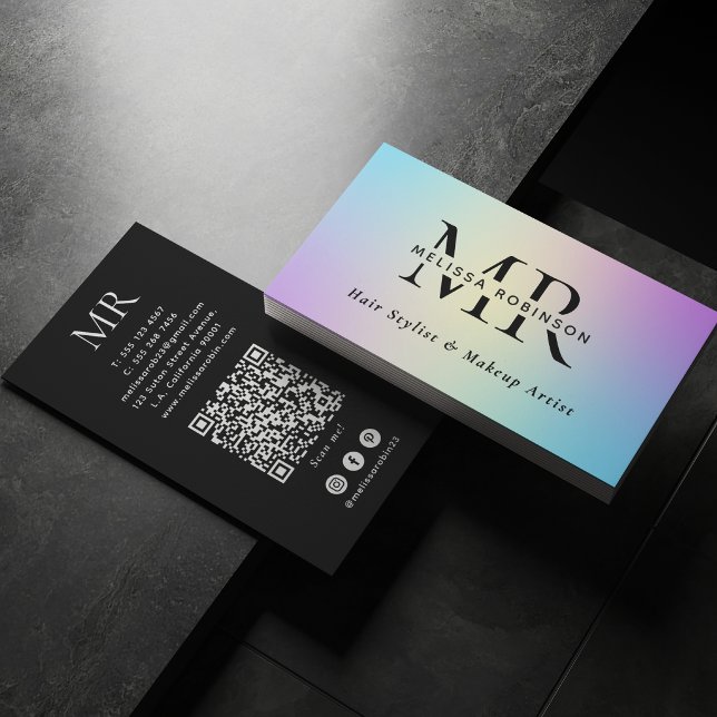Carte De Visite Couleurs Vives Dégradé Ombré Monogramme & Code QR (Créateur téléchargé)