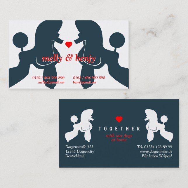 Carte De Visite Couple de Poodles au cœur  –  (Devant / Derrière)