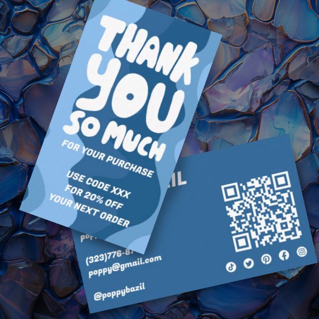 Carte De Visite Courbes bleues en gras Ordre Merci social QR Code (Custom order thank you discount code business card with social media icons and QR code in blue)