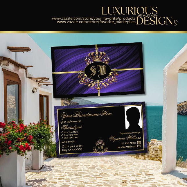Carte De Visite Couronne d'or bleu royal opulente avec Monogramme  (Créateur téléchargé)