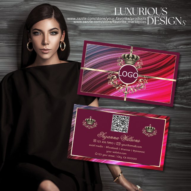 Carte De Visite Couronne d'or rose bordeaux avec logo QR Code (Créateur téléchargé)