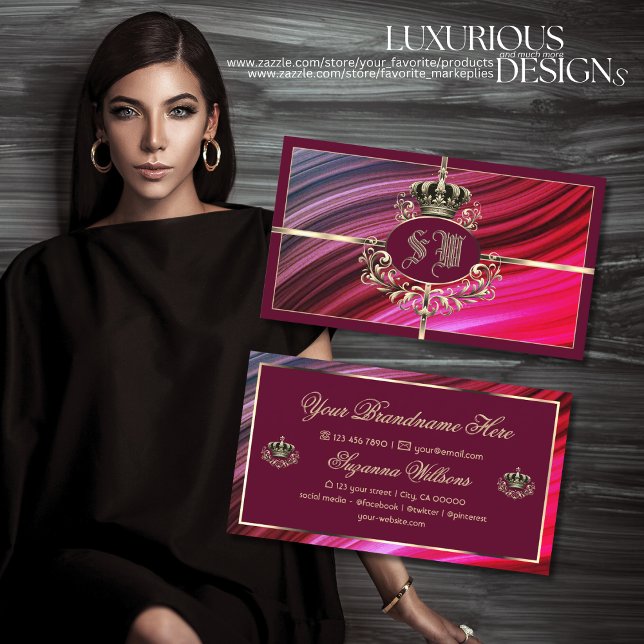 Carte De Visite Couronne d'or rose bordeaux avec monogramme Noble (Créateur téléchargé)