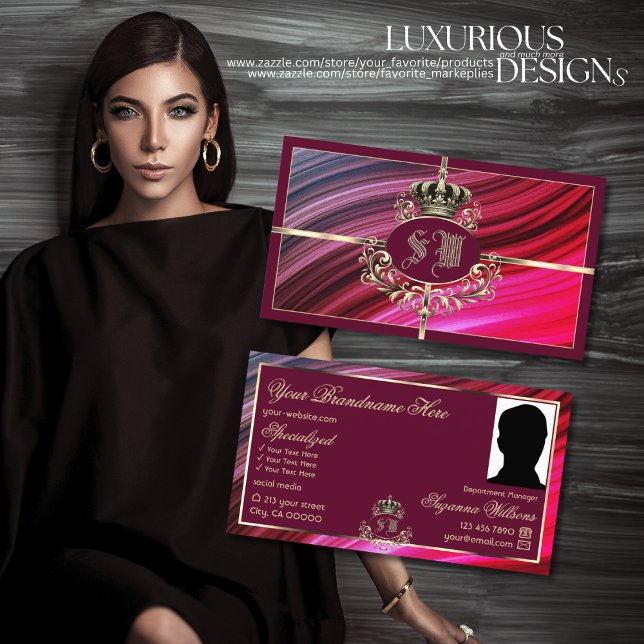 Carte De Visite Couronne d'or rose bordeaux avec Monogramme Photo (Créateur téléchargé)