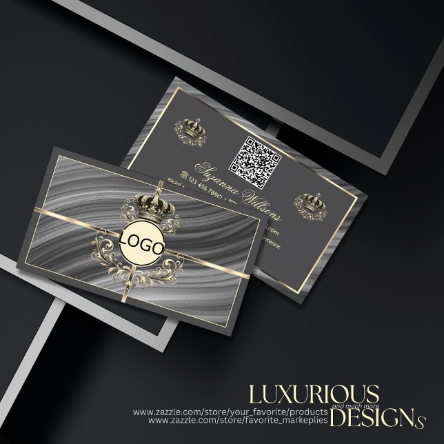 Carte De Visite Couronne d'or Smart Royal Grey avec logo et code Q (Créateur téléchargé)