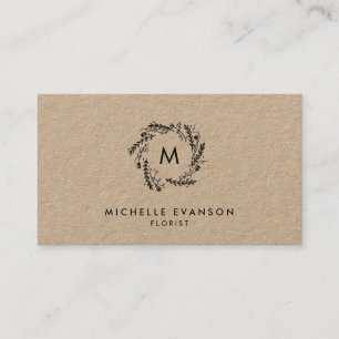 Carte De Visite Couronne florale noire monogramme rustique Kraft F