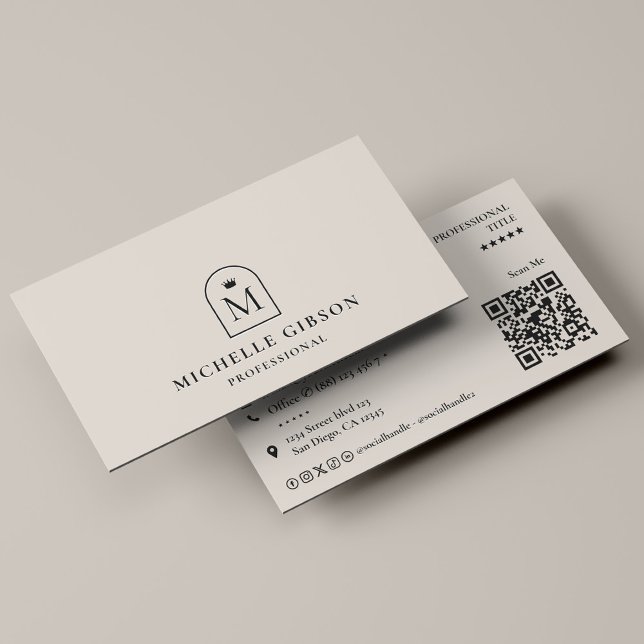 Carte De Visite Couronne initiale professionnelle de l'arche de sa (Professional Initial Crown Arch Sand Marketing business card with QR code, social media icon)