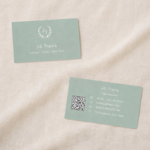 Carte De Visite Couronne monogramme vert sauge ivoire avec QR code