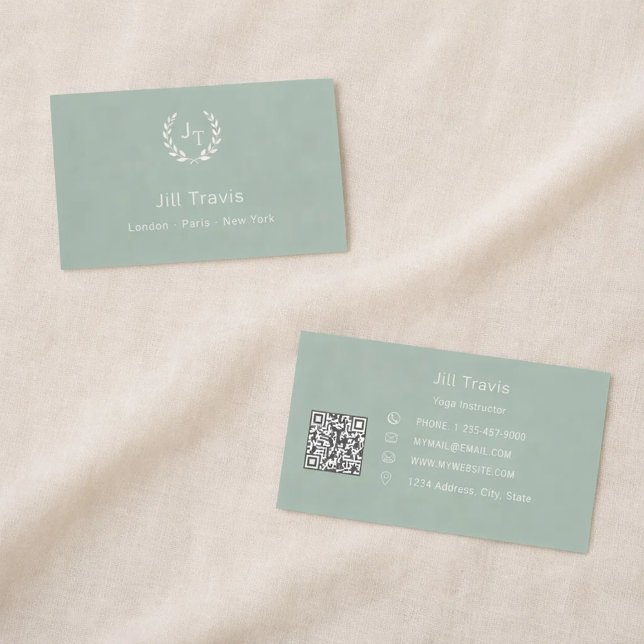 Carte De Visite Couronne monogramme vert sauge ivoire avec QR code (Créateur téléchargé)