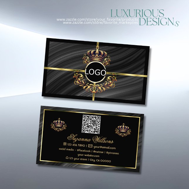 Carte De Visite Couronne royale d'or noir de luxe avec logo QR Cod (Créateur téléchargé)