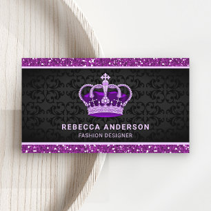 Carte De Visite Couronne Royale Faux Paillettes Violettes en Damas