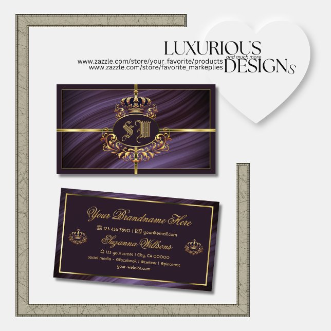 Carte De Visite Couronne royale violette avec monogramme Noble (Créateur téléchargé)
