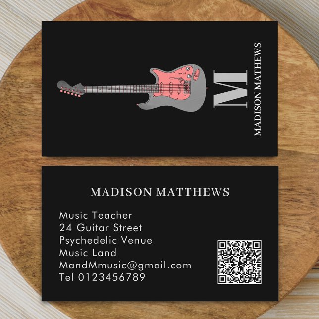 Carte De Visite Cours de musique de l'enseignant de guitare Q R Co (Modern guitar music tutor professional musician Pink gray and black qr code Business card monogram)