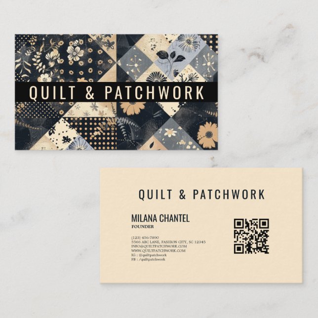 Carte De Visite Couverture en patchwork bleu marine et crème pour  (Devant / Derrière)