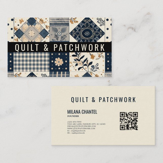 Carte De Visite Couverture en patchwork bleu marine et crème pour  (Devant / Derrière)