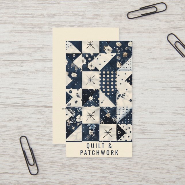 Carte De Visite Couverture en patchwork de couleur bleu marine et  (Devant/Arrière en situation)