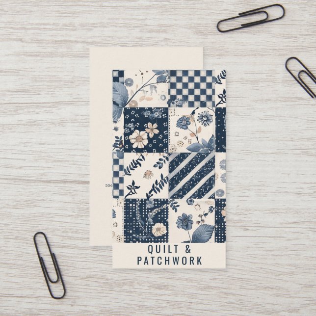 Carte De Visite Couverture en patchwork de couleur bleu marine et  (Devant/Arrière en situation)