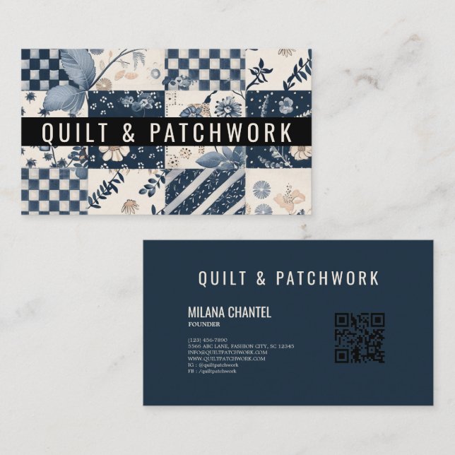 Carte De Visite Couverture en patchwork de couleur bleu marine et  (Devant / Derrière)