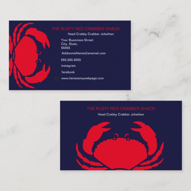 Carte De Visite Crabe Rouge Fruits de Mer Bleu Marine Blanc Simple (Devant / Derrière)
