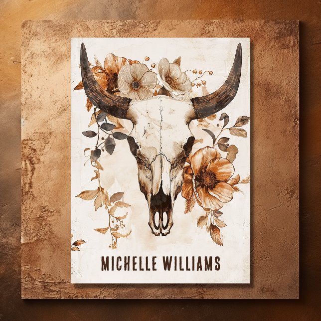 Carte De Visite Crâne et fleurs de vache taureau rustique Boho Oue (Front - Rustic Bull Cow Skull and Flowers Boho Western Business Card)