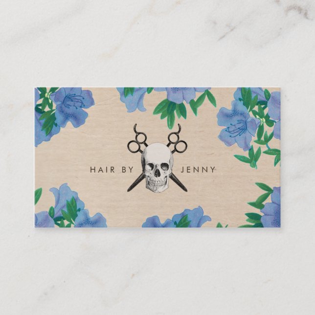 Carte De Visite crâne floral chic bleu de cisaillements de (Devant)