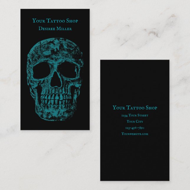 Carte De Visite Crâne gothique Cool Turquoise Grunge noir Texture (Devant / Derrière)
