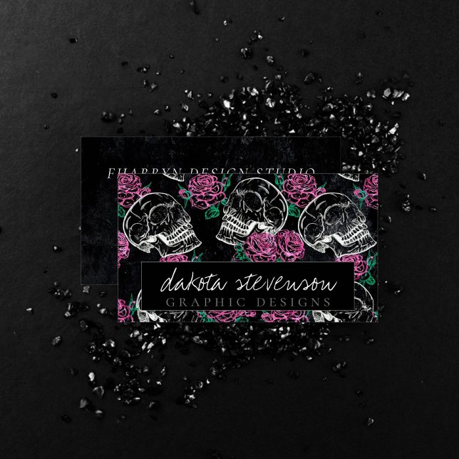 Carte De Visite Crâne sucre Roses roses | Glam Grunge Gothique Fil (Créateur téléchargé)