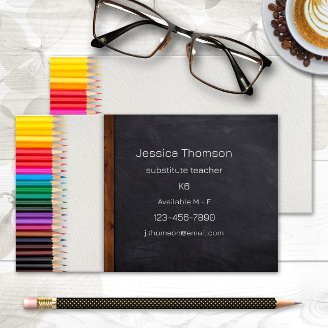 Carte De Visite Crayons Créatifs Tableau Noir Enseignant (A cute colorful business card featuring pencils on a watercolor paper background with a chalkboard.)