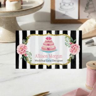 Carte De Visite Création de gâteau de mariage or rose floral rayé