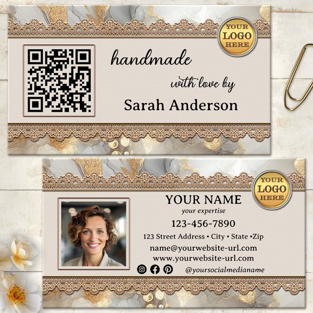 Carte De Visite Créations artisanales modernes de style boho chic (Professional artisan handmade luxury business card - photo - logo - QR code - social media - boho)