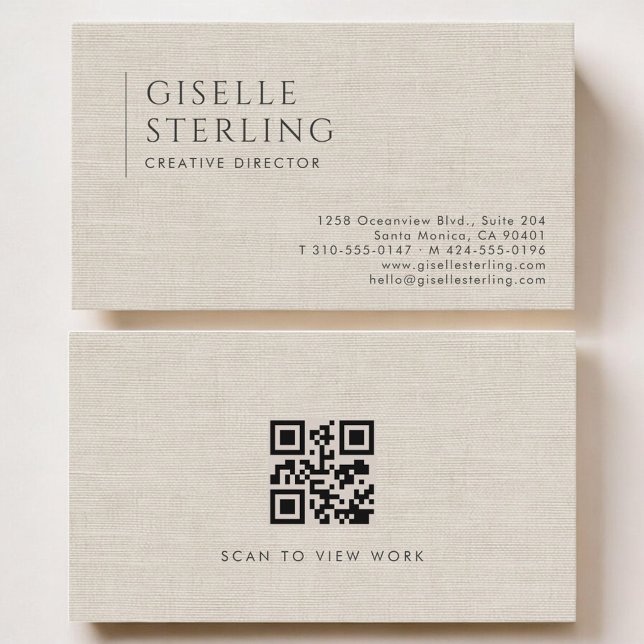 Carte De Visite Creative Director Luxury Neutral Linen QR Code (Créateur téléchargé)