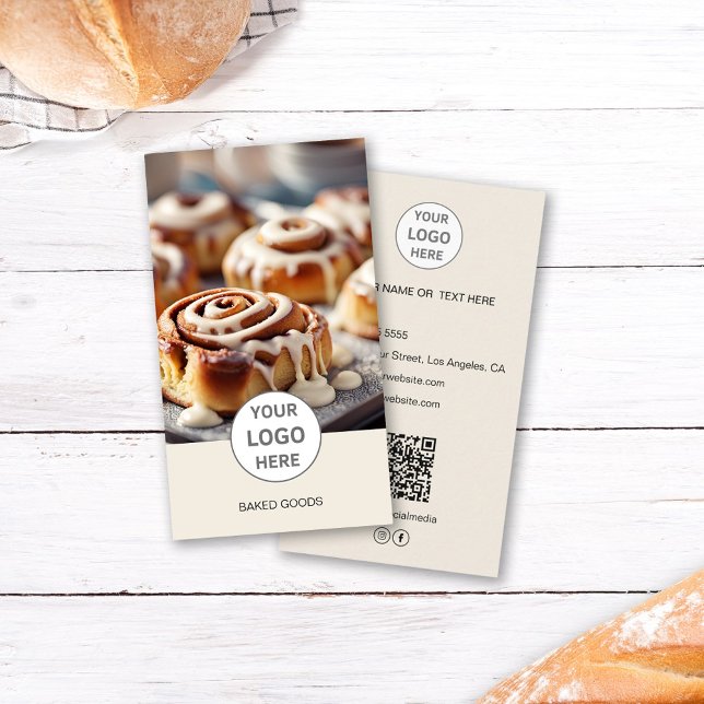 Carte de visite crème avec code QR pour boulangeri (Bakery Logo Photo QR Code Cream Business Card)