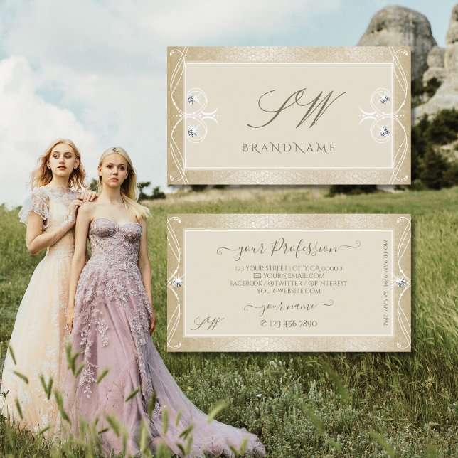 Carte De Visite Crème beige Mosaïque Orné Bijoux étincelants Monog (Créateur téléchargé)